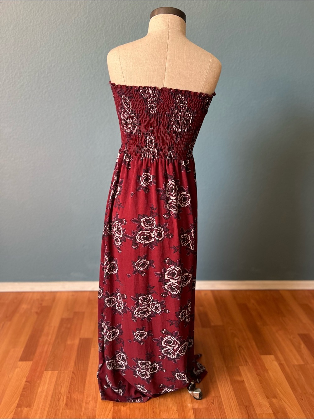 Miley & Molly Women’s Smocked Strapless Maxi Dress in Burgundy Floral front slit - Picture 6 of 8